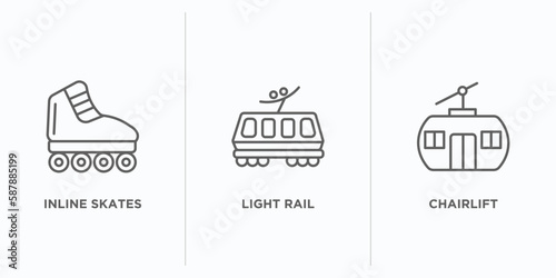 transportation outline icons set. thin line icons such as inline skates, light rail, chairlift vector. linear icon sheet can be used web and mobile