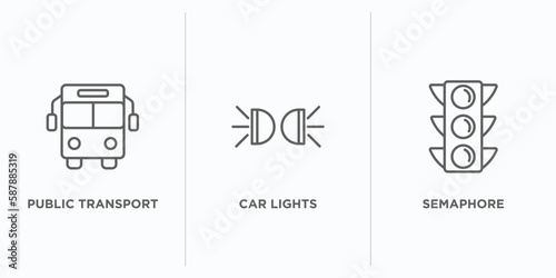transport outline icons set. thin line icons such as public transport, car lights, semaphore vector. linear icon sheet can be used web and mobile