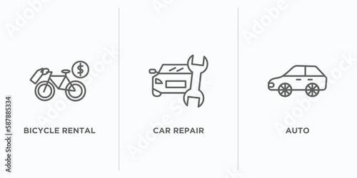 transport outline icons set. thin line icons such as bicycle rental, car repair, auto vector. linear icon sheet can be used web and mobile
