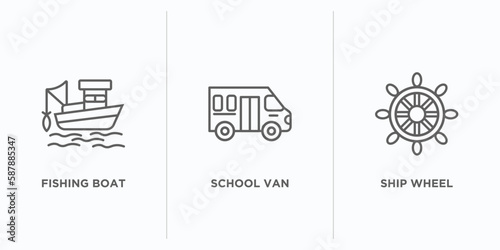 transport outline icons set. thin line icons such as fishing boat, school van, ship wheel vector. linear icon sheet can be used web and mobile