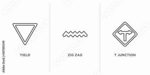traffic signs outline icons set. thin line icons such as yield, zig zag, t junction vector. linear icon sheet can be used web and mobile