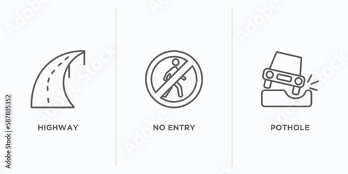 traffic signs outline icons set. thin line icons such as highway, no entry, pothole vector. linear icon sheet can be used web and mobile