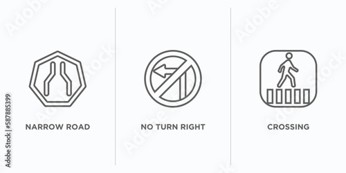 traffic signs outline icons set. thin line icons such as narrow road, no turn right, crossing vector. linear icon sheet can be used web and mobile