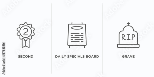 tools and utensils outline icons set. thin line icons such as second, daily specials board, grave vector. linear icon sheet can be used web and mobile
