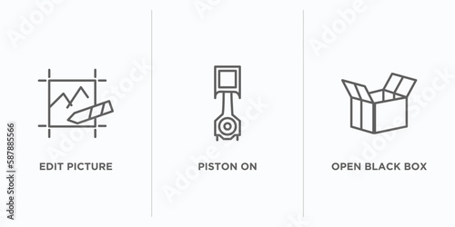 tools and utensils outline icons set. thin line icons such as edit picture, piston on, open black box vector. linear icon sheet can be used web and mobile