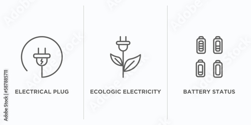 technology outline icons set. thin line icons such as electrical plug, ecologic electricity, battery status vector. linear icon sheet can be used web and mobile