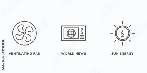 technology outline icons set. thin line icons such as ventilating fan, world news, sun energy vector. linear icon sheet can be used web and mobile