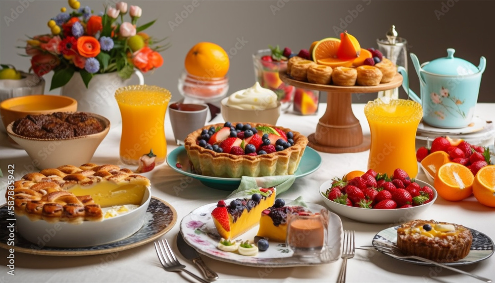Fresh fruits decorate gourmet desserts on table generated by AI