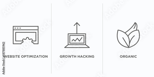 technology outline icons set. thin line icons such as website optimization, growth hacking, organic vector. linear icon sheet can be used web and mobile