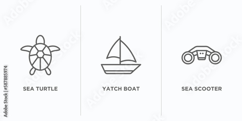 summer outline icons set. thin line icons such as sea turtle, yatch boat, sea scooter vector. linear icon sheet can be used web and mobile
