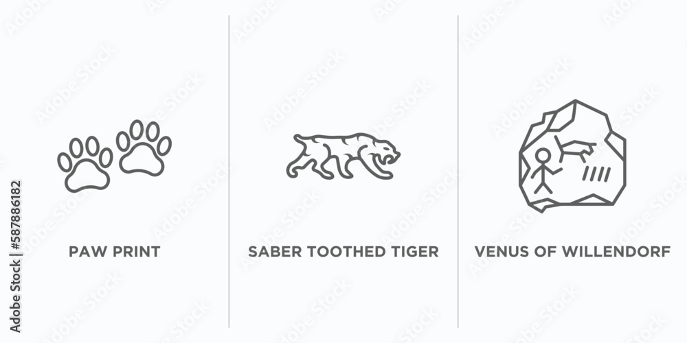 stone age outline icons set. thin line icons such as paw print, saber toothed tiger, venus of willendorf vector. linear icon sheet can be used web and mobile