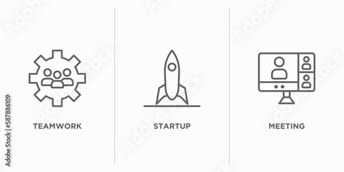strategy outline icons set. thin line icons such as teamwork, startup, meeting vector. linear icon sheet can be used web and mobile
