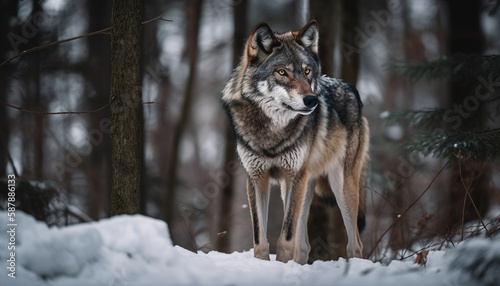 Gray wolf stalking snow, watching arctic fox generated by AI