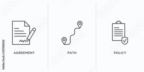 strategy outline icons set. thin line icons such as agreement, path, policy vector. linear icon sheet can be used web and mobile