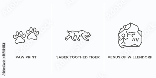 stone age outline icons set. thin line icons such as paw print  saber toothed tiger  venus of willendorf vector. linear icon sheet can be used web and mobile