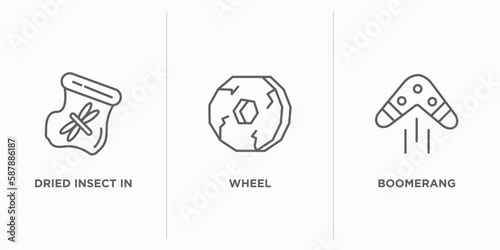 stone age outline icons set. thin line icons such as dried insect in amber, wheel, boomerang vector. linear icon sheet can be used web and mobile