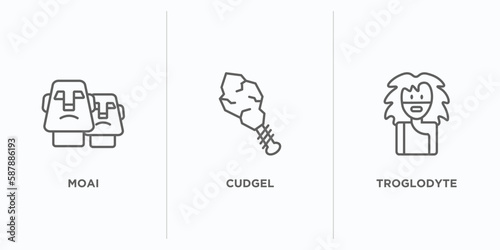 stone age outline icons set. thin line icons such as moai, cudgel, troglodyte vector. linear icon sheet can be used web and mobile