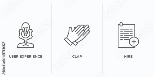 startup stategy and outline icons set. thin line icons such as user experience, clap, hire vector. linear icon sheet can be used web and mobile