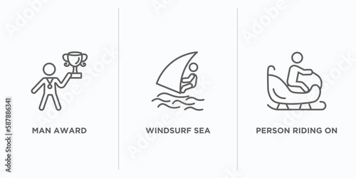 sports outline icons set. thin line icons such as man award, windsurf sea, person riding on sleigh vector. linear icon sheet can be used web and mobile