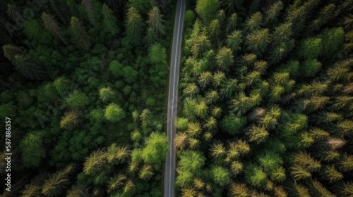 Illustration of a winding road through a dense forest seen from above created with Generative AI technology