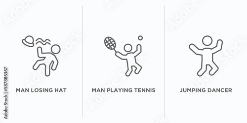 sports outline icons set. thin line icons such as man losing hat, man playing tennis, jumping dancer vector. linear icon sheet can be used web and mobile