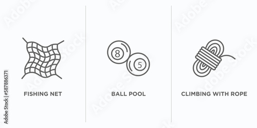sports outline icons set. thin line icons such as fishing net, ball pool, climbing with rope vector. linear icon sheet can be used web and mobile