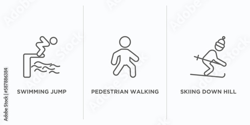sports outline icons set. thin line icons such as swimming jump, pedestrian walking, skiing down hill vector. linear icon sheet can be used web and mobile