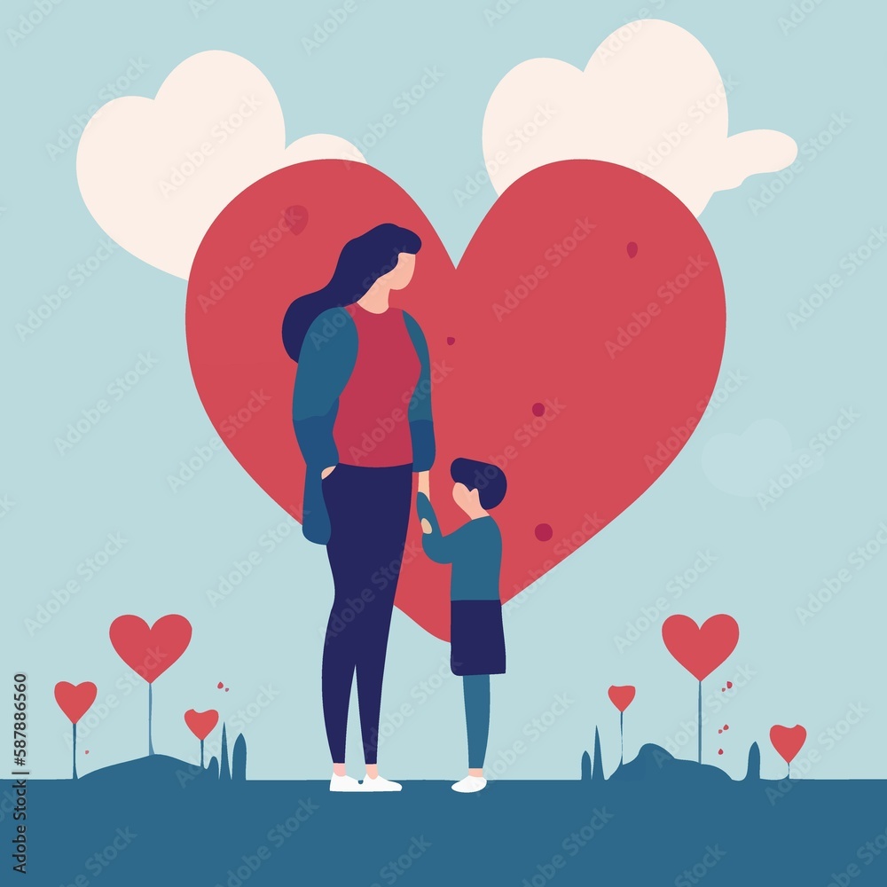 mothers day woman with son and hearts created with Generative AI technology mothers day woman with son and hearts created with Generative AI technology
