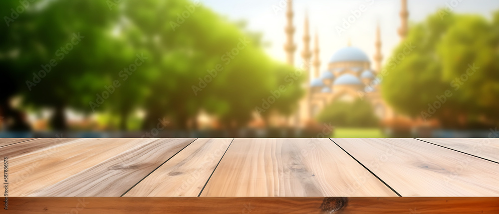 Wooden board table in front of blurred Mosque background. can be used for display or montage your products.Mock up for display of product.Generative AI Wooden board table in front of blurred Mosque background. can be used for display or montage your products.Mock up for display of product.Generative AI