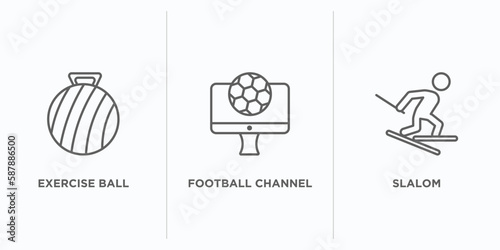 sports outline icons set. thin line icons such as exercise ball, football channel, slalom vector. linear icon sheet can be used web and mobile