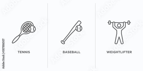 sport outline icons set. thin line icons such as tennis, baseball, weightlifter vector. linear icon sheet can be used web and mobile