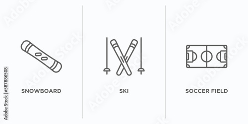sport outline icons set. thin line icons such as snowboard, ski, soccer field vector. linear icon sheet can be used web and mobile