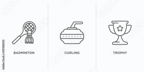 sport outline icons set. thin line icons such as badminton, curling, trophy vector. linear icon sheet can be used web and mobile