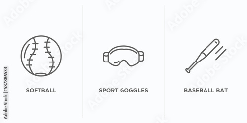 sport outline icons set. thin line icons such as softball, sport goggles, baseball bat vector. linear icon sheet can be used web and mobile