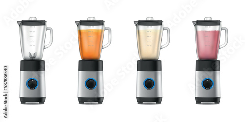 3D mixer. Household blender. Fruit juicer. Kitchen machine for juice or smoothie with glass jar for electric blending. Drink shaking. Vector realistic isolated domestic appliances set