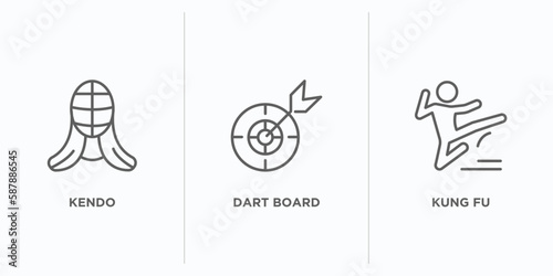 sport outline icons set. thin line icons such as kendo, dart board, kung fu vector. linear icon sheet can be used web and mobile