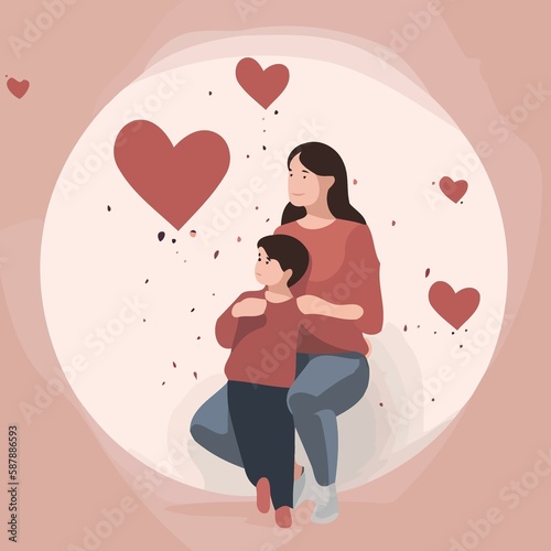 mothers day woman with son and hearts created with Generative AI technology