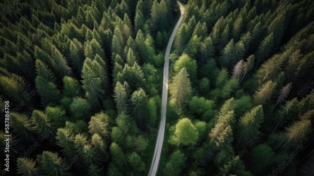 Illustration of a winding road through a dense forest seen from above created with Generative AI technology