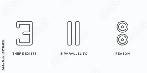 signs outline icons set. thin line icons such as there exists, is parallel to, reason vector. linear icon sheet can be used web and mobile
