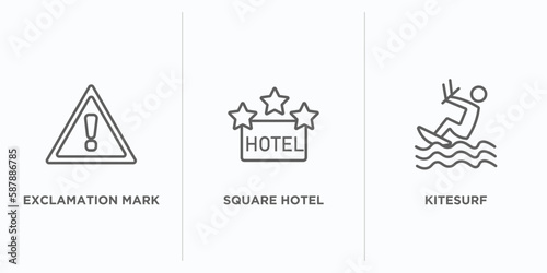 signs outline icons set. thin line icons such as exclamation mark, square hotel, kitesurf vector. linear icon sheet can be used web and mobile