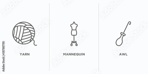 sew outline icons set. thin line icons such as yarn, mannequin, awl vector. linear icon sheet can be used web and mobile photo