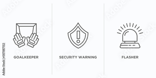 security outline icons set. thin line icons such as goalkeeper, security warning, flasher vector. linear icon sheet can be used web and mobile