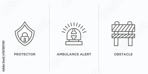 security outline icons set. thin line icons such as protector, ambulance alert, obstacle vector. linear icon sheet can be used web and mobile