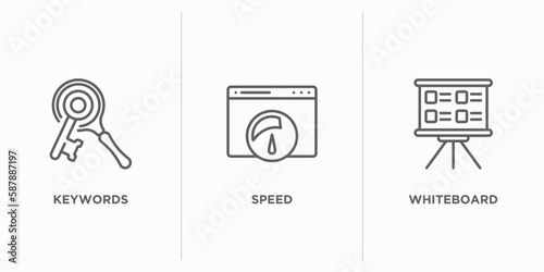 search engine optimization outline icons set. thin line icons such as keywords, speed, whiteboard vector. linear icon sheet can be used web and mobile