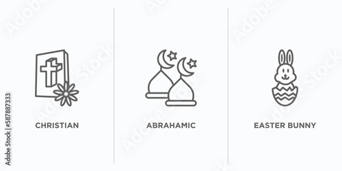 religion outline icons set. thin line icons such as christian, abrahamic, easter bunny vector. linear icon sheet can be used web and mobile