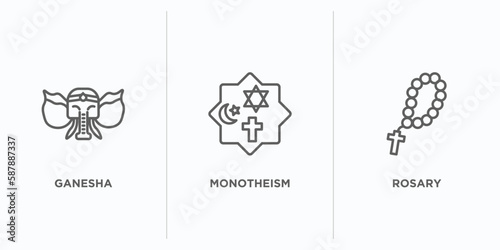 religion outline icons set. thin line icons such as ganesha, monotheism, rosary vector. linear icon sheet can be used web and mobile