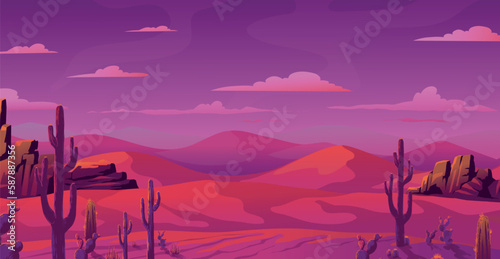 Arizona desert landscape. Sunset dusk. Mountains scenery. Cactus in hot prairie lands. Pink canyon game scene. African Sahara. Sand dunes. Scenic panorama. Vector illustration background