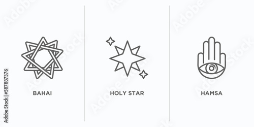 religion outline icons set. thin line icons such as bahai, holy star, hamsa vector. linear icon sheet can be used web and mobile