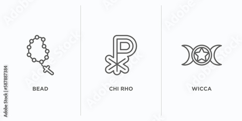 religion outline icons set. thin line icons such as bead, chi rho, wicca vector. linear icon sheet can be used web and mobile