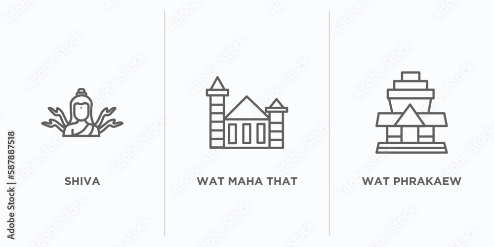 religion outline icons set. thin line icons such as shiva, wat maha that, wat phrakaew vector. linear icon sheet can be used web and mobile